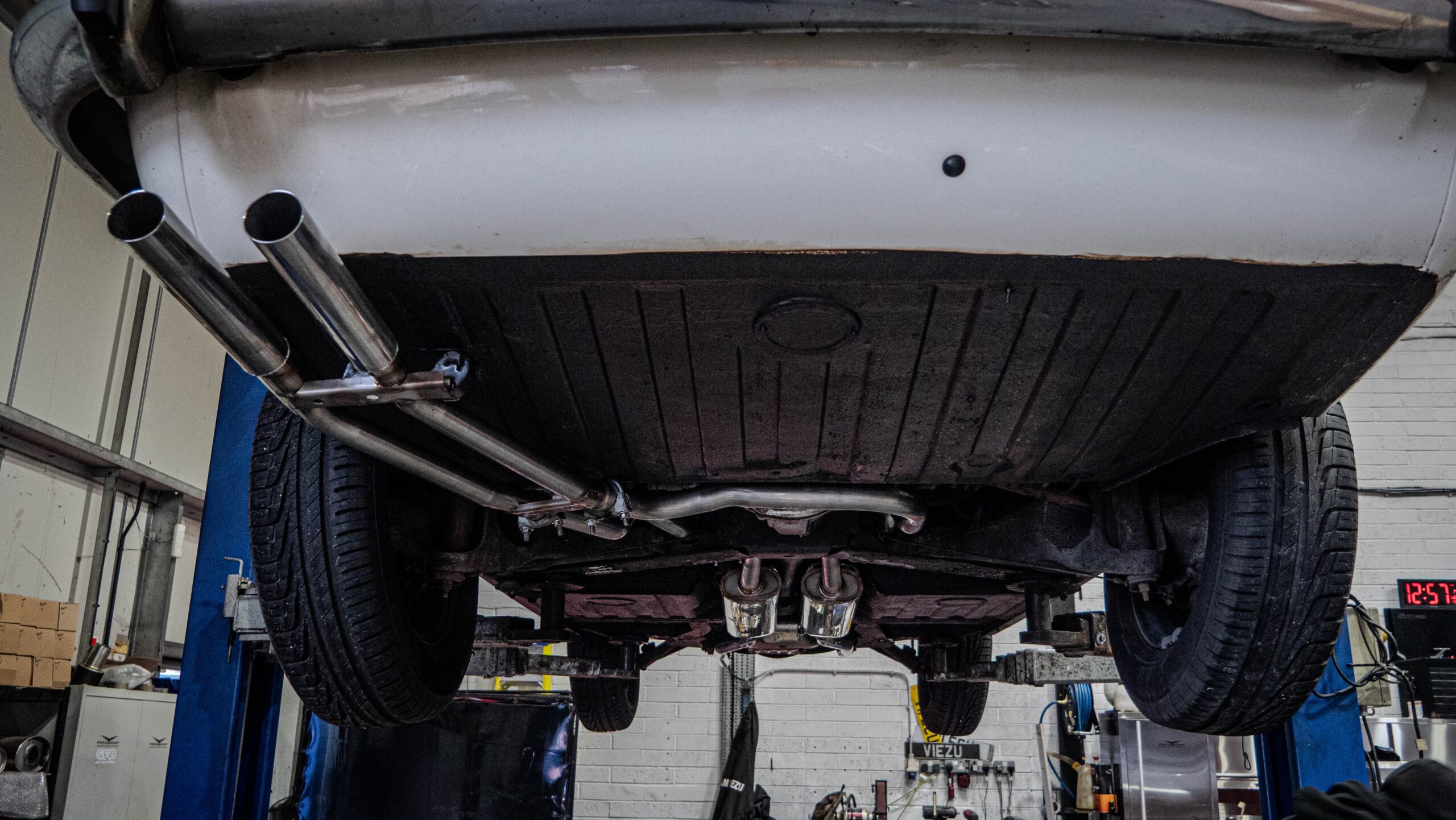 Triumph stag exhaust rear view beneath scaled