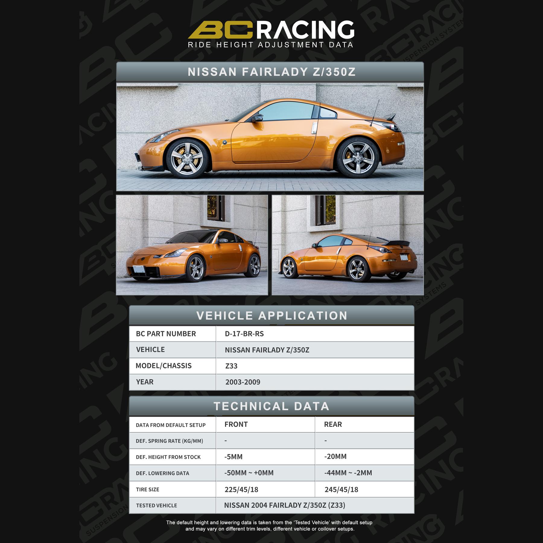 D 17 br rs nissan fairlady z350z vehicle lowering data d 17 br rs