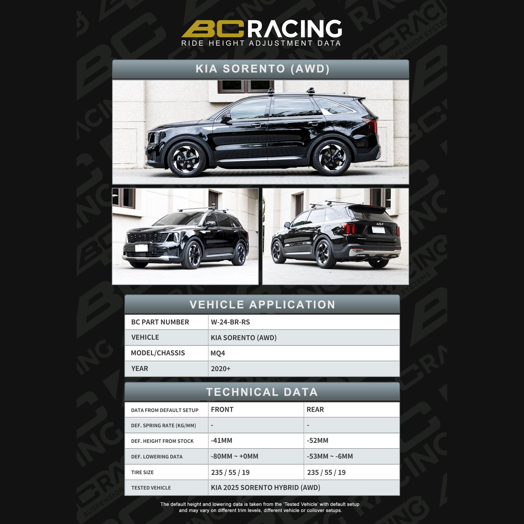 W 24 br rs data kia sorento awd vehicle lowering data w 24 br rs